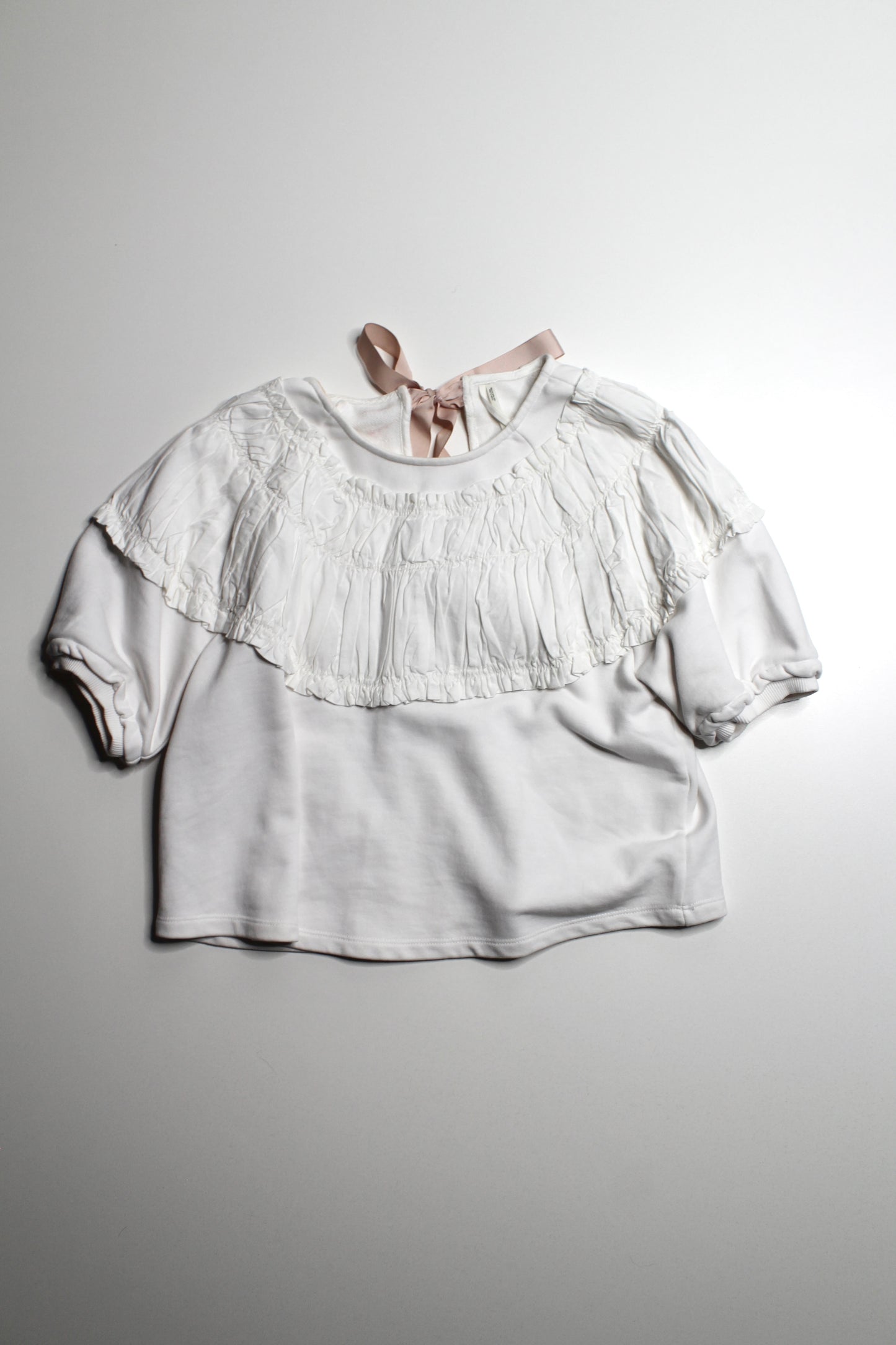Anthropologie white tie back rusched short sleeve blouse, size xsmall (loose fit)