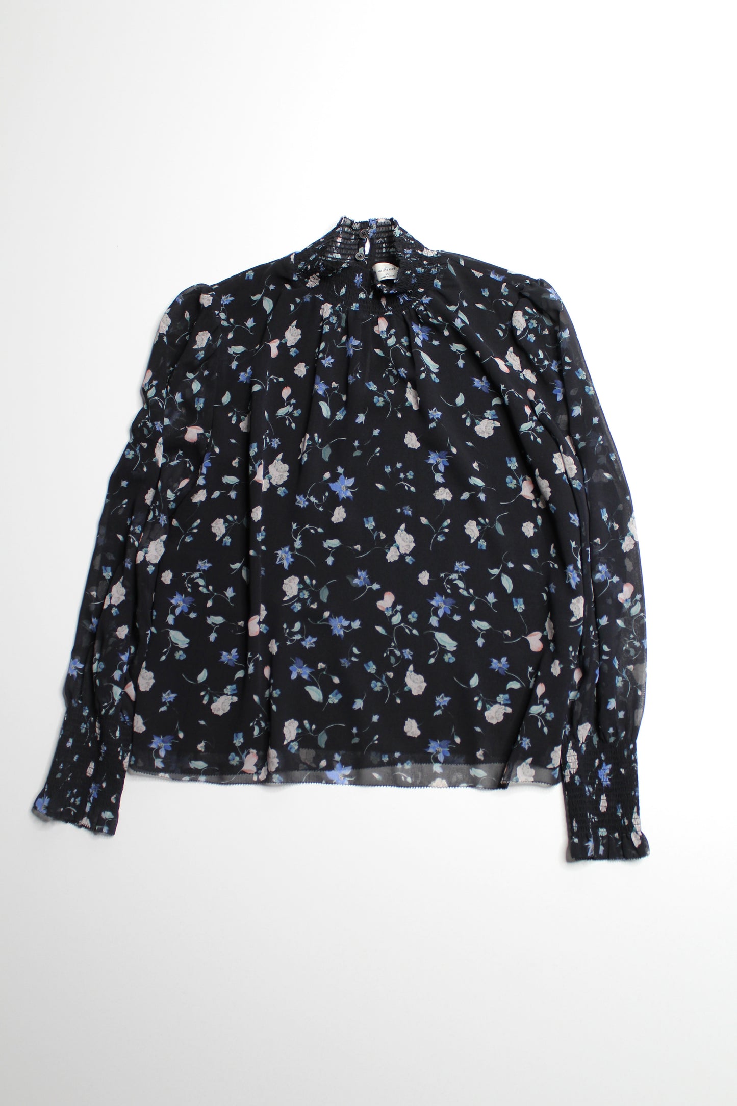 Aritzia Wilfred black floral 'valencia' pullover semi sheer blouse, size xsmall (relaxed flowy fit) (sale: was $48)