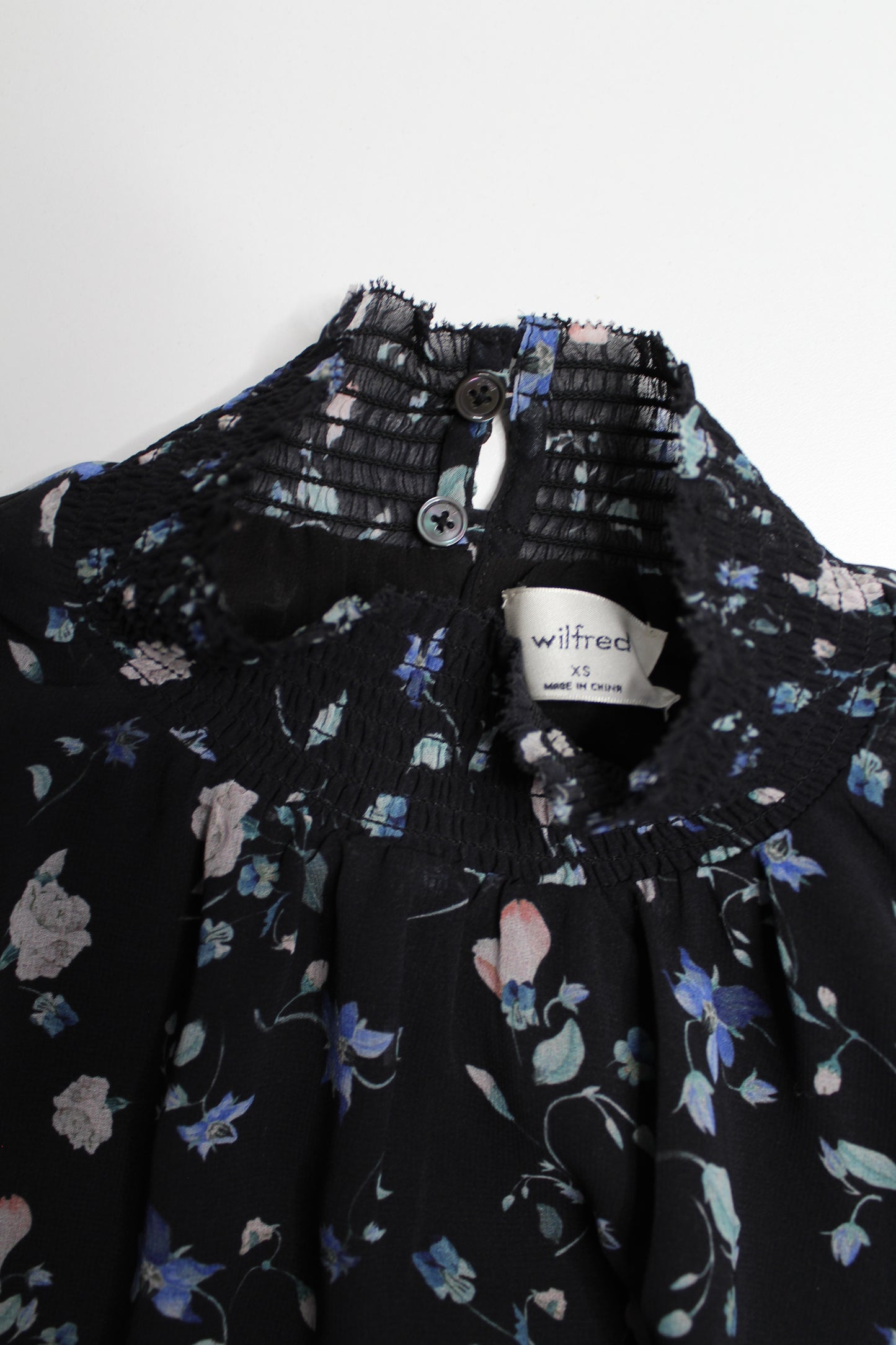 Aritzia Wilfred black floral 'valencia' pullover semi sheer blouse, size xsmall (relaxed flowy fit) (sale: was $48)