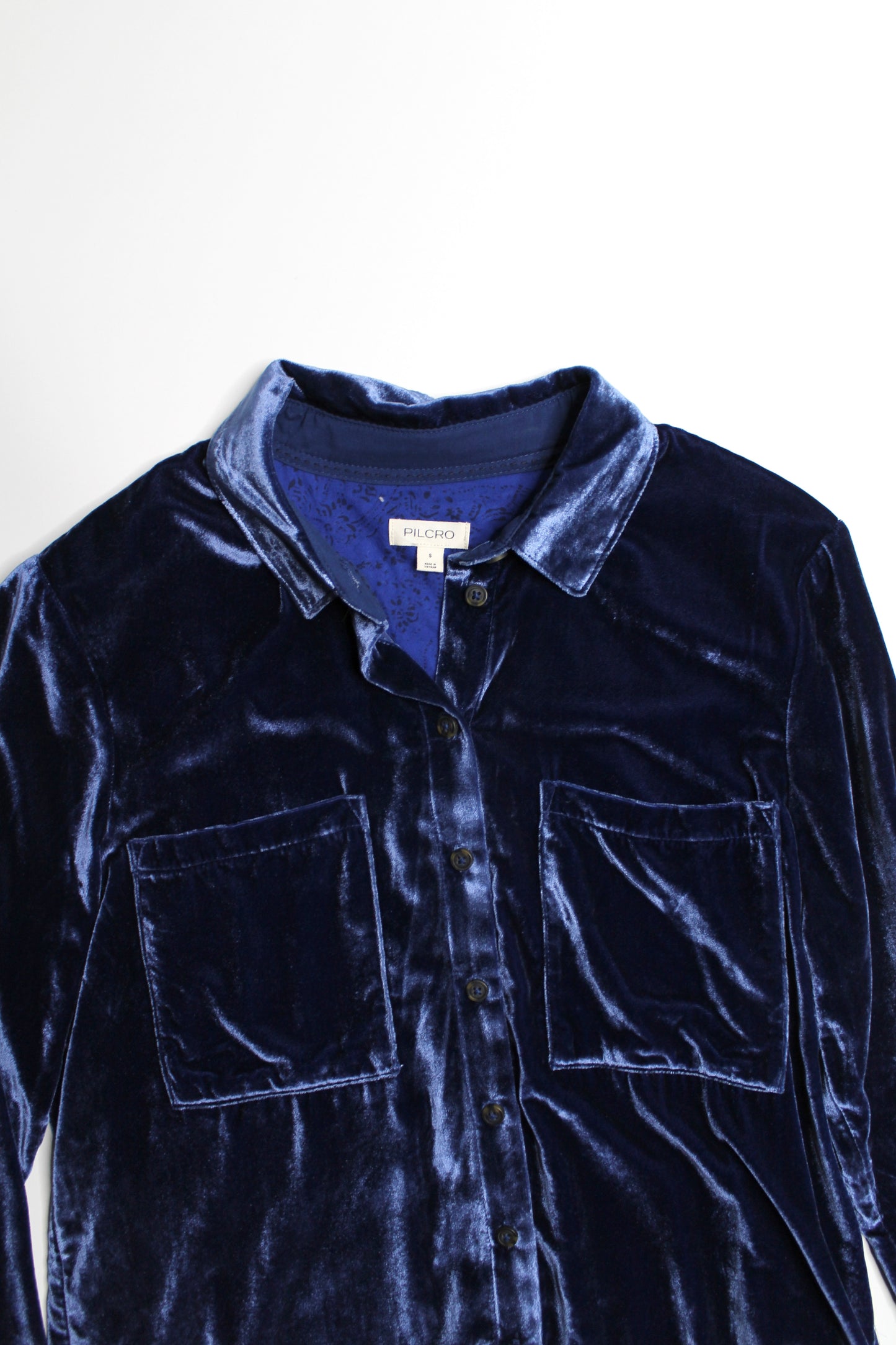 Anthropologie Pilcro dark blue velvet button down long sleeve, size small (was $40)
