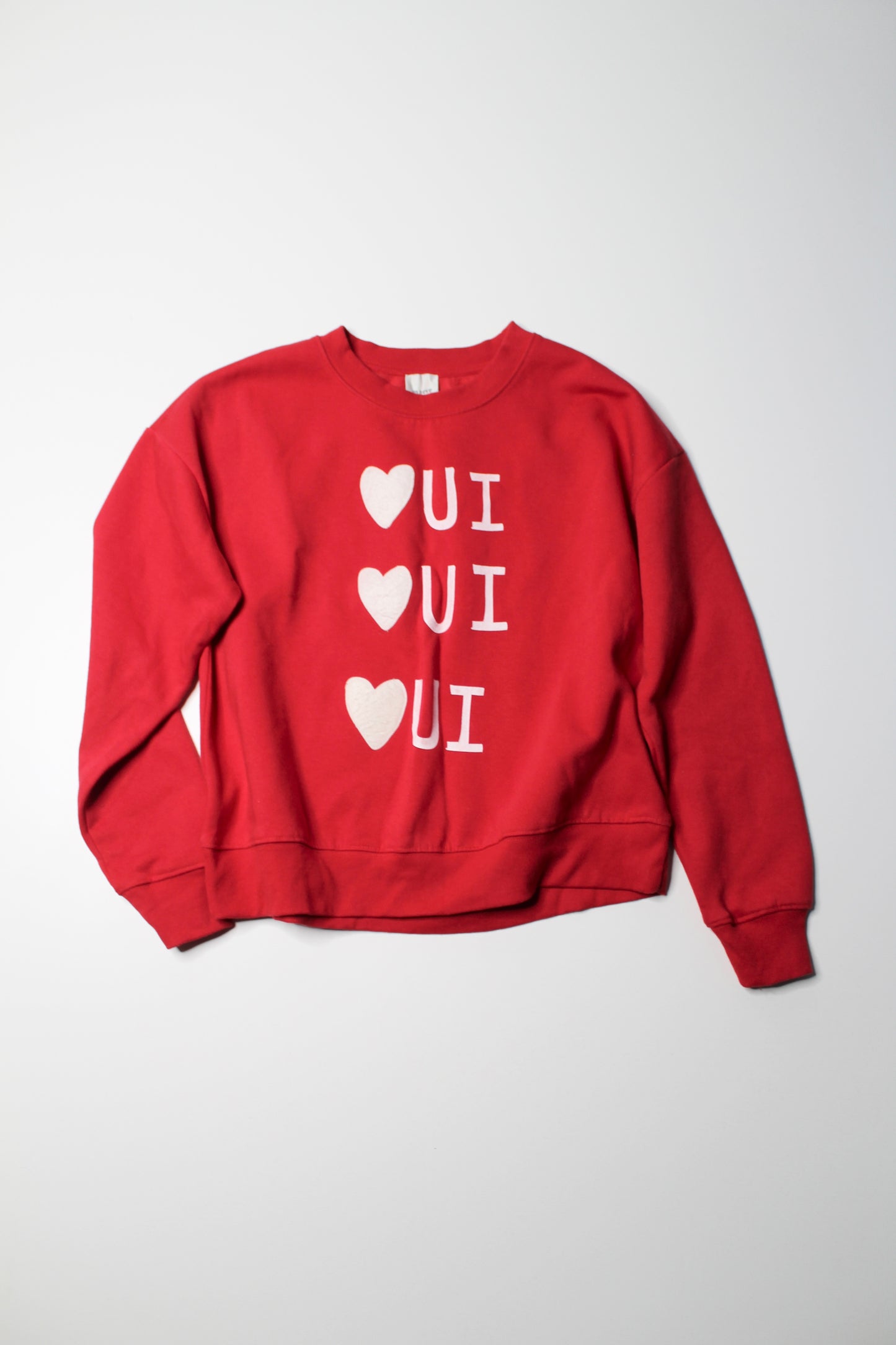 Anthropologie Maeve red heart 'Oui Oui Oui' sweatshirt, size small (loose fit)