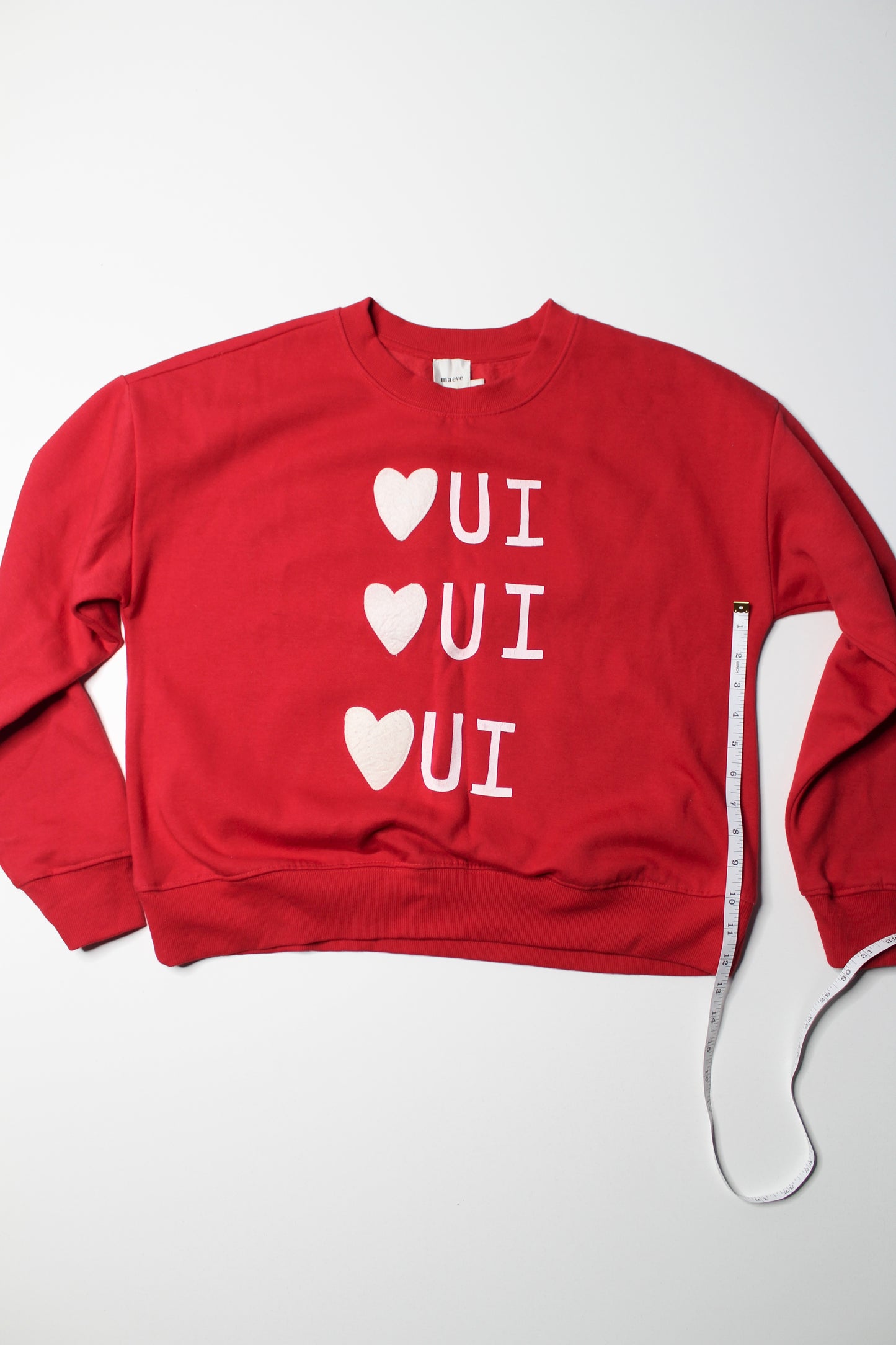 Anthropologie Maeve red heart 'Oui Oui Oui' sweatshirt, size small (loose fit)