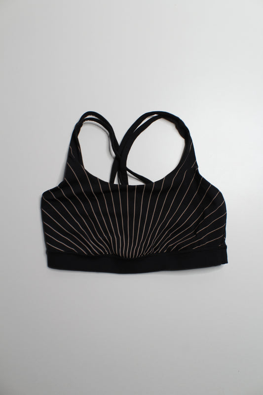 Lululemon high beam black soft sand reflective black / metallic stripe ‘energy’ bra, size 8