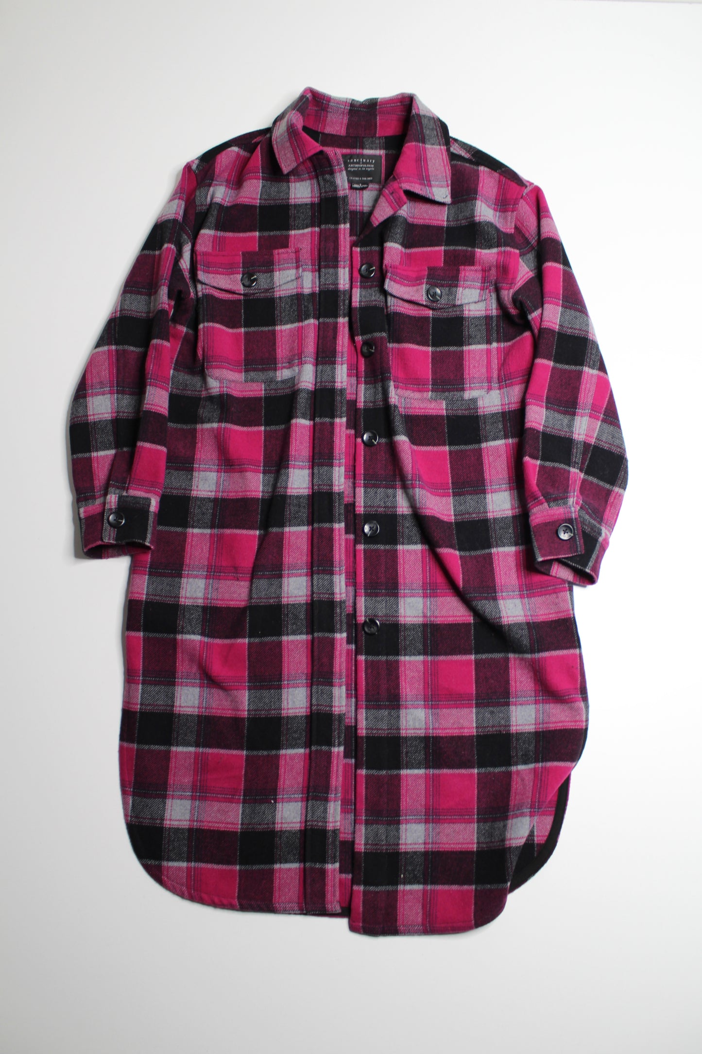 Anthropologie Sanctuary Cora pink/black plaid long shacket, size small (oversized fit)