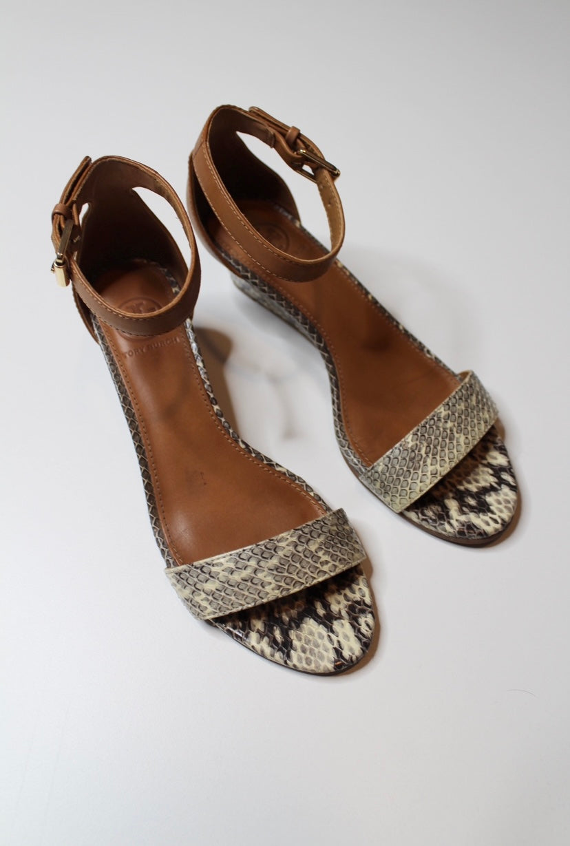 Tory Burch leather snake print wedge sandal, size 6 (additional 20% off)