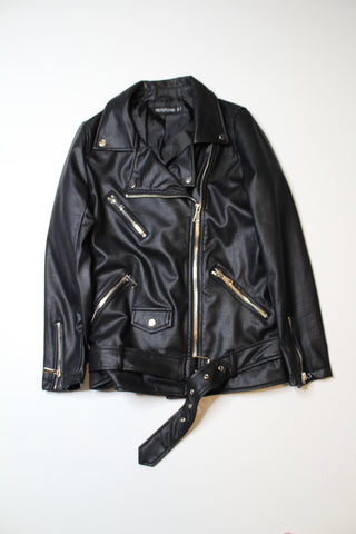 Pretty Little Thing faux leather long line belted biker jacket, size 0 (oversized fit) (additional 50% off)