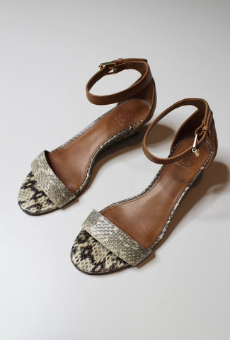 Tory Burch leather snake print wedge sandal, size 6