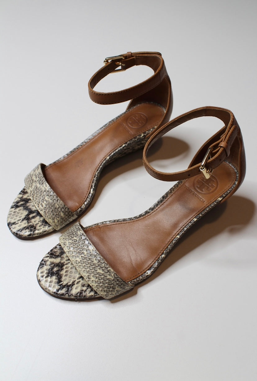 Tory Burch leather snake print wedge sandal, size 6 (additional 20% off)