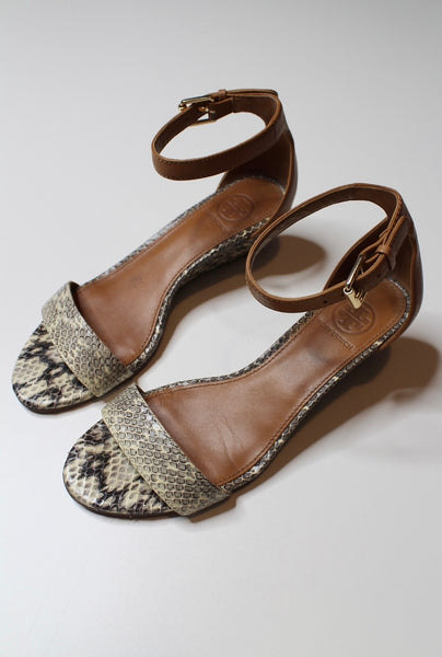 Tory Burch leather snake print wedge sandal, size 6