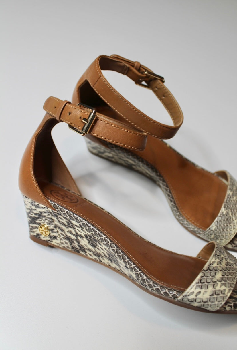 Tory Burch leather snake print wedge sandal, size 6 (additional 20% off)