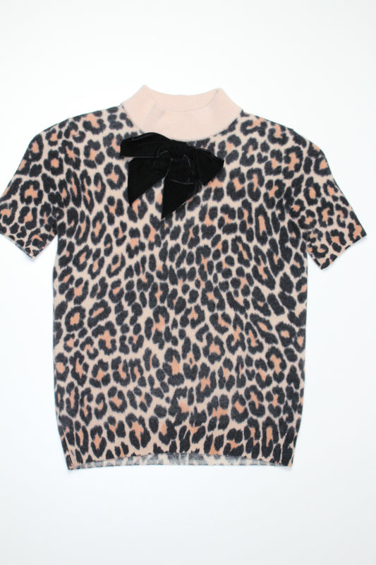 Kate Spade leopard velvet bow short sleeve sweater, size xs (price reduced: was $68)