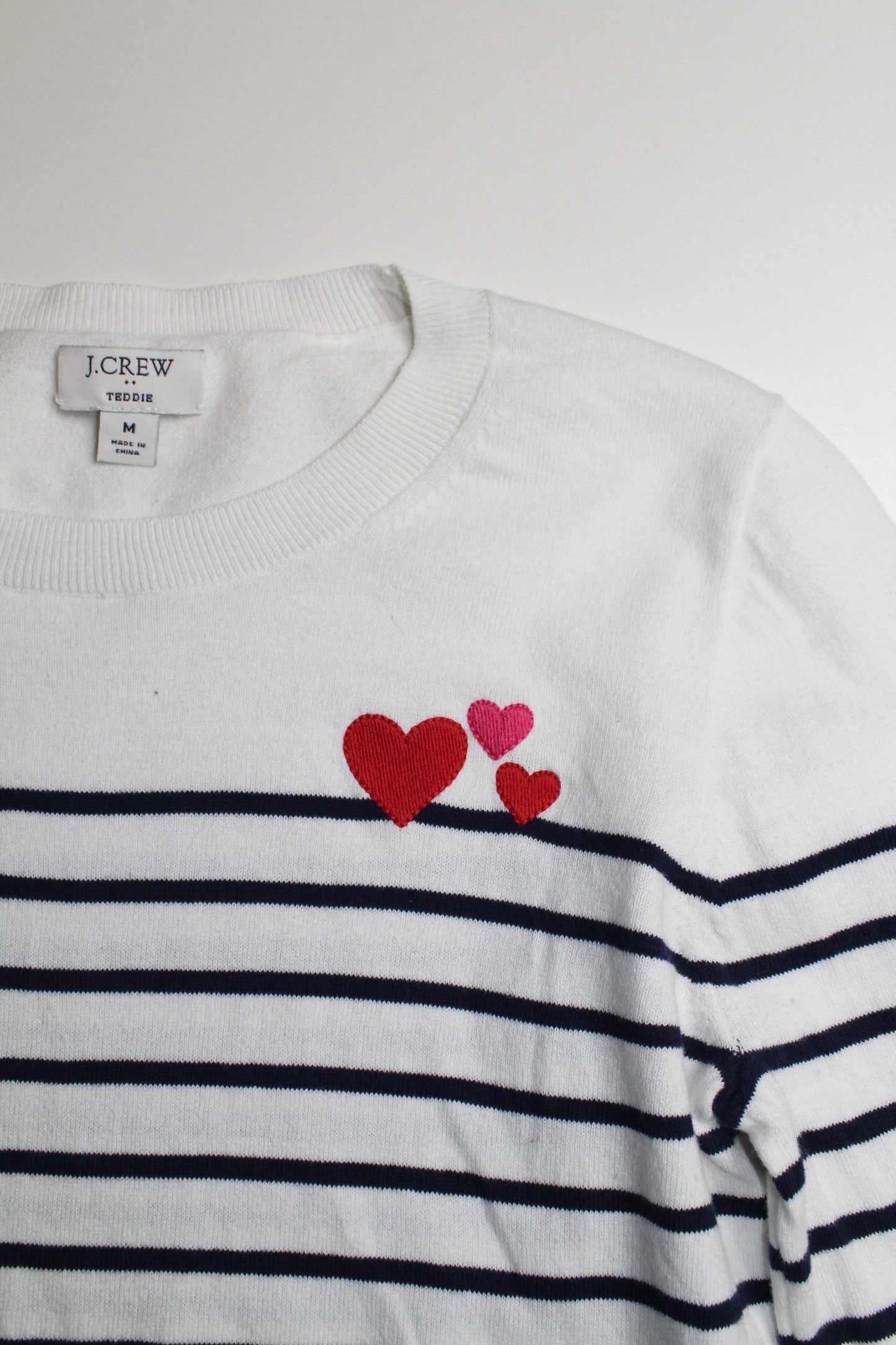 J.CREW white/navy striped teddie hearts sweater, size medium (price reduced: was $48)