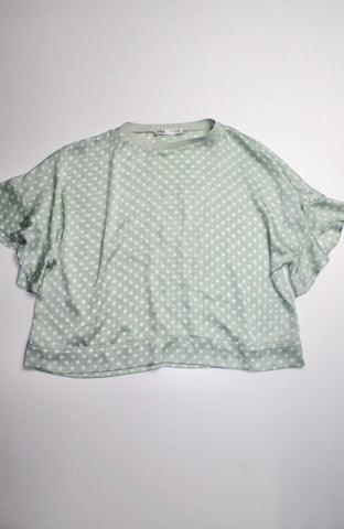 Zara light green white polka dot short sleeve blouse, size xs (additional 70% off)