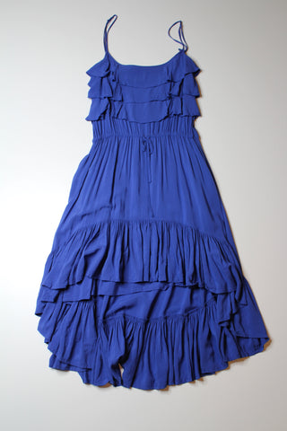 Bardot blue tiered ruffle hi low dress, size 